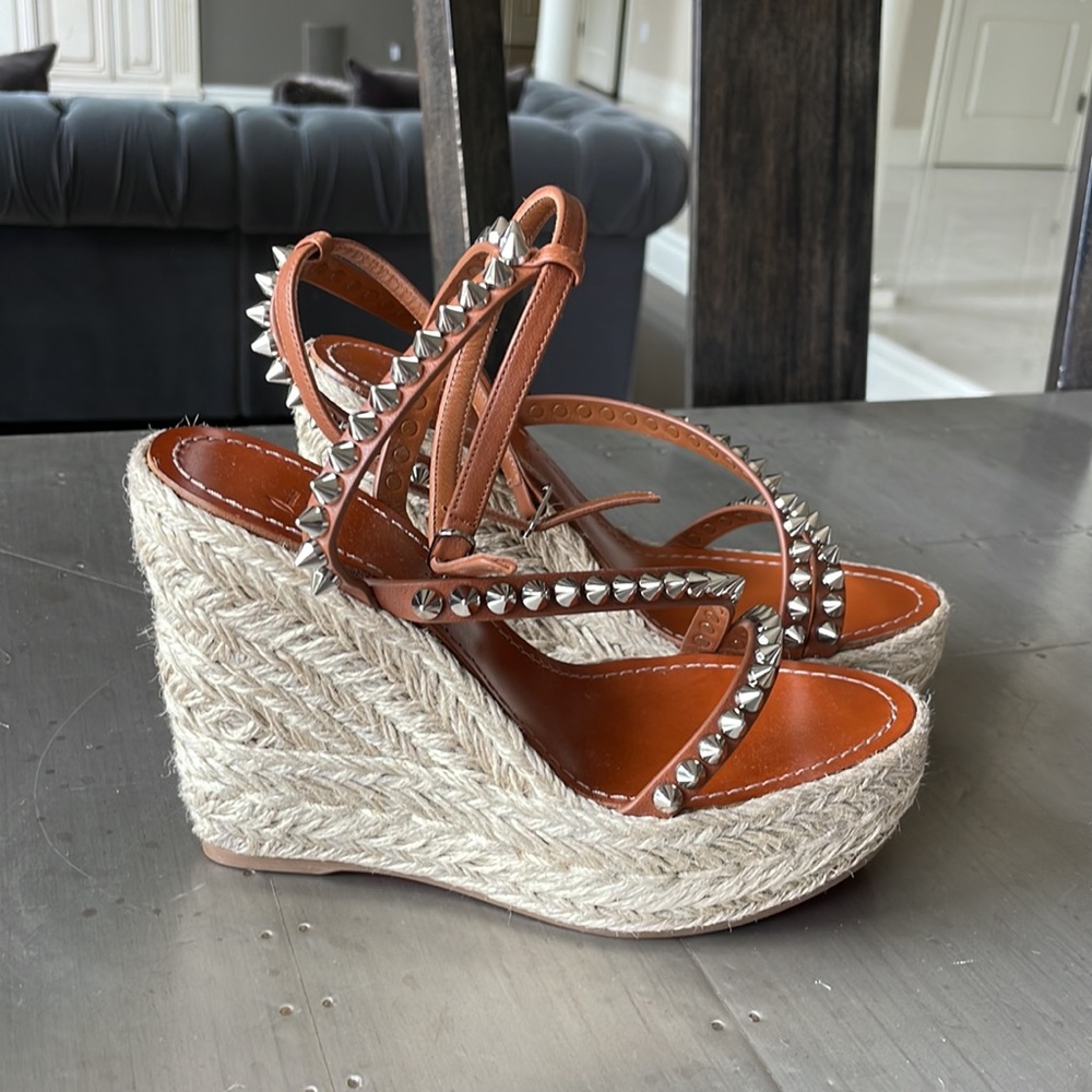 Christian Louboutin mafaldina Zeppa 120mm wedge espadrille sandal cuoio brown 39 - Picture 2 of 13